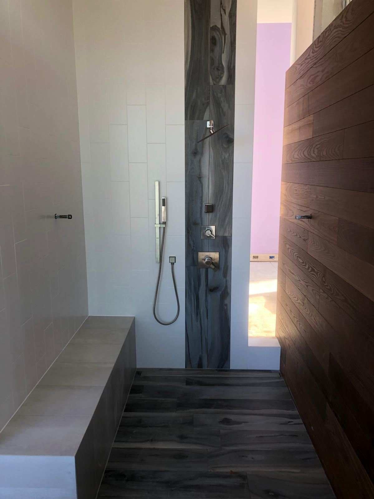 Wood-look tile shower detail